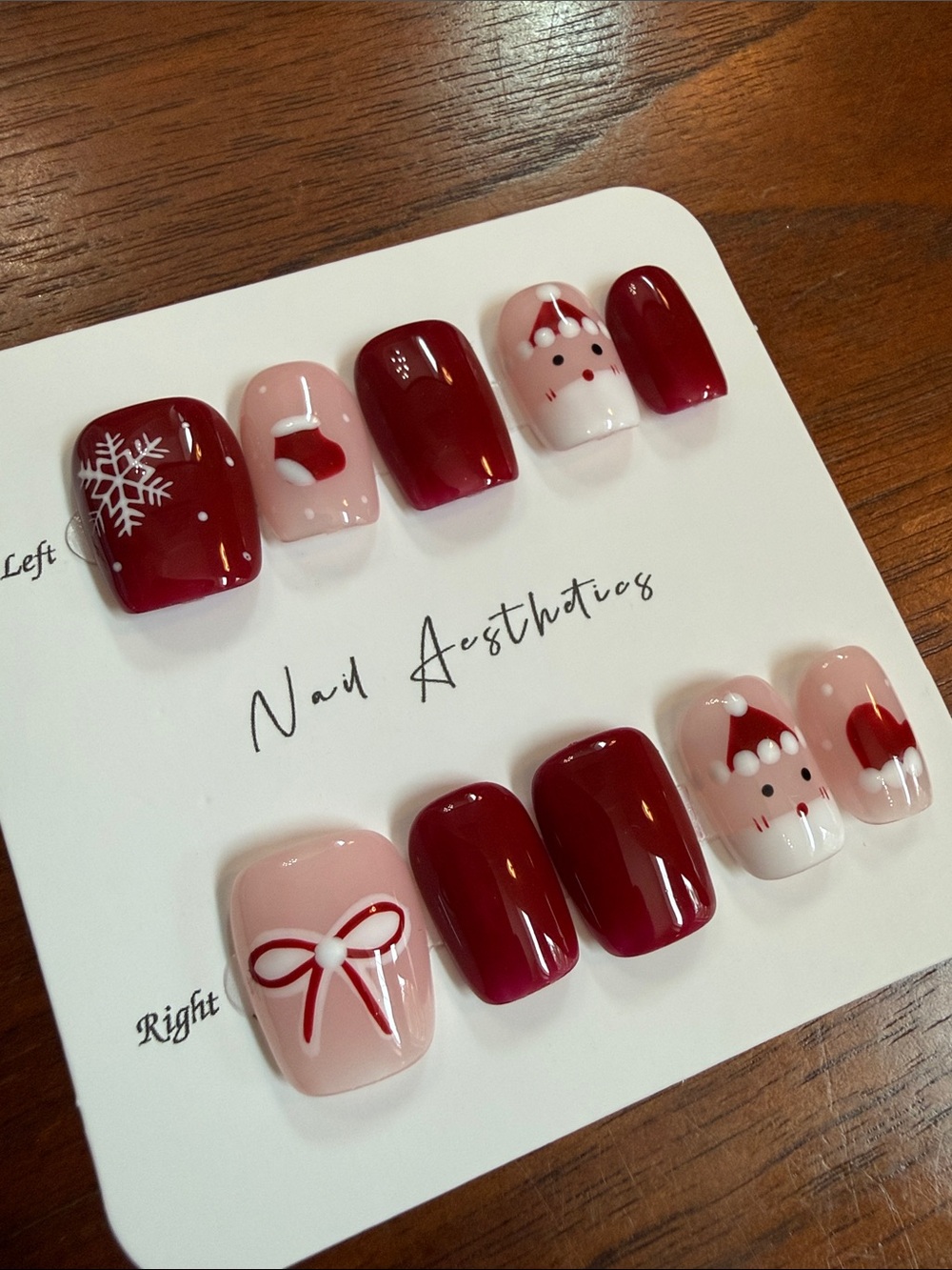 Holiday Red & Pink Press-On Nails with Santa and Snowflake Design handmade